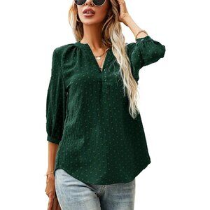 Women's Swiss Dot Blouse Lightweight Pleated Back V-Neck Button Up Top